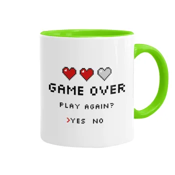 GAME OVER, Play again? YES - NO, Mug colored light green, ceramic, 330ml
