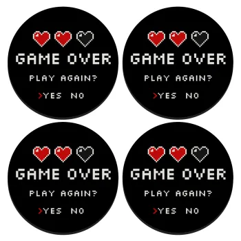 GAME OVER, Play again? YES - NO, SET of 4 round wooden coasters (9cm)
