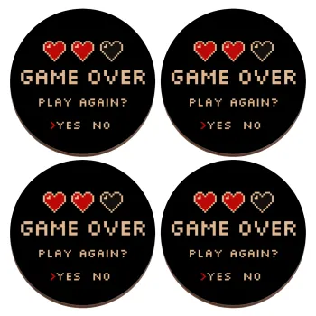 GAME OVER, Play again? YES - NO, ΣΕΤ x4 Σουβέρ ξύλινα στρογγυλά plywood (9cm)