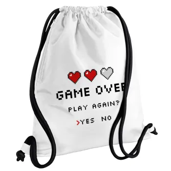 GAME OVER, Play again? YES - NO, Backpack pouch GYMBAG white, with pocket (40x48cm) & thick cords