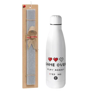 GAME OVER, Play again? YES - NO, Easter Set, metallic stainless thermos bottle (500ml) & scented flat Easter candle (30cm) (GRAY)