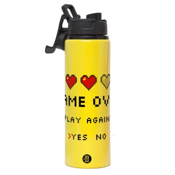 GAME OVER, Play again? YES - NO, Metallic water bottle with safety lid, 850ml aluminum
