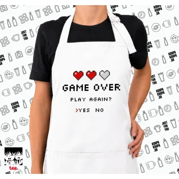 GAME OVER, Play again? YES - NO, Ποδιά μακριά Σεφ ολόσωμη με τσέπες white (ΕΝΗΛΙΚΩΝ)