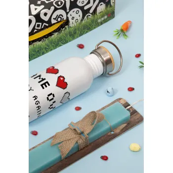GAME OVER, Play again? YES - NO, Easter Set, metallic silver aluminum water bottle (500ml) & scented flat Easter candle (30cm) (TURQUOISE)