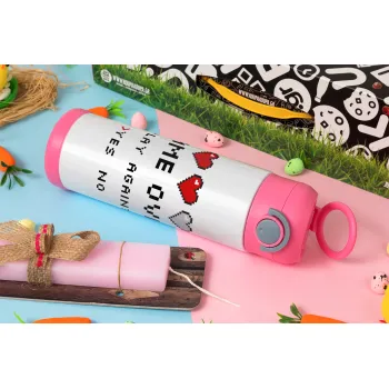GAME OVER, Play again? YES - NO, Easter candle, Childrens hot water bottle, stainless steel, with safety straw, PINK (500ml)
