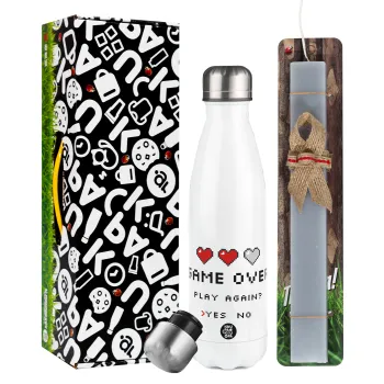 GAME OVER, Play again? YES - NO, Easter candle, metallic white thermos bottle (500ml) & aromatic flat candle (30cm) (GRAY)