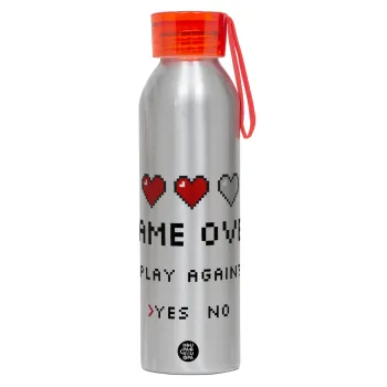 GAME OVER, Play again? YES - NO, Αλουμινένιο Αθλητικό Μπουκάλι 650ml – Ασημί με Κόκκινο Καπάκι και Λουράκι Σιλικόνης