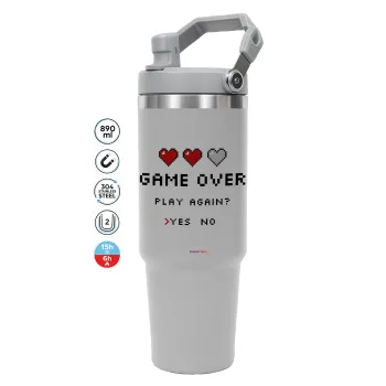 GAME OVER, Play again? YES - NO, ΓΚΡΙ χρώματος Θερμός Ανοξείδωτο 890ml (30oz) με χερούλι