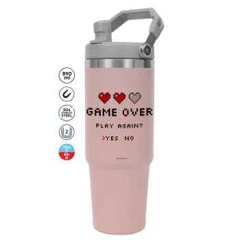 GAME OVER, Play again? YES - NO, ΡΟΖ χρώματος Θερμός Ανοξείδωτο 890ml (30oz) με χερούλι