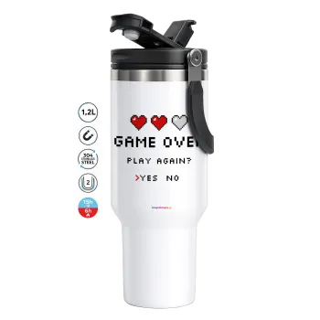 GAME OVER, Play again? YES - NO, Mega Tumbler με καπάκι, διπλού τοιχώματος (θερμό) 1,2L