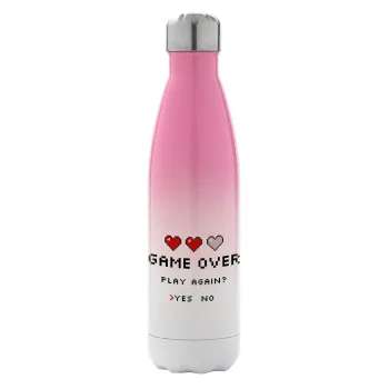 GAME OVER, Play again? YES - NO, Metal mug thermos Pink/White (Stainless steel), double wall, 500ml