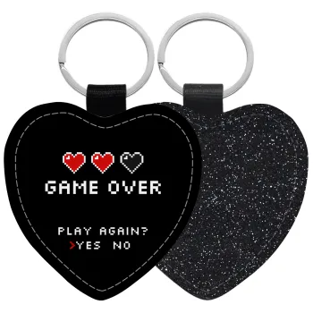 GAME OVER, Play again? YES - NO, Μπρελόκ PU δερμάτινο glitter καρδιά ΜΑΥΡΟ