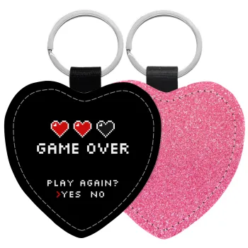 GAME OVER, Play again? YES - NO, Μπρελόκ PU δερμάτινο glitter καρδιά ΡΟΖ