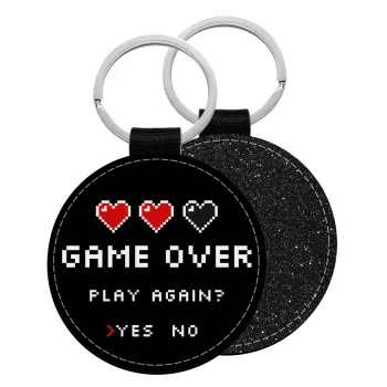 GAME OVER, Play again? YES - NO, Μπρελόκ Δερματίνη, στρογγυλό ΜΑΥΡΟ (5cm)