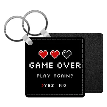 GAME OVER, Play again? YES - NO, Μπρελόκ Δερματίνη, τετράγωνο ΜΑΥΡΟ (5x5cm)