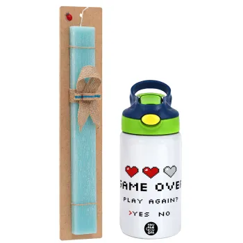 GAME OVER, Play again? YES - NO, Easter Set, Children's thermal stainless steel bottle with safety straw, green/blue (350ml) & aromatic flat Easter candle (30cm) (TURQUOISE)
