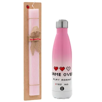 GAME OVER, Play again? YES - NO, Πασχαλινή Λαμπάδα με Μεταλλικό παγούρι θερμός Ροζ/Λευκό (Stainless steel), διπλού τοιχώματος, 500ml & κερί αρωματικό πλακέ (30cm) (ΡΟΖ)