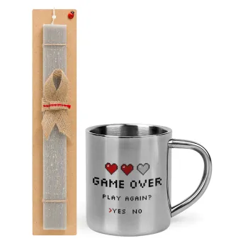 GAME OVER, Play again? YES - NO, Easter Set, metallic thermal cup (300ml) & Easter aromatic flat candle (30cm) (GRAY)