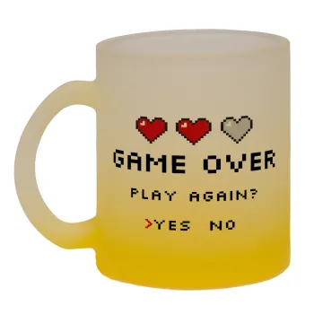 GAME OVER, Play again? YES - NO, Κούπα γυάλινη δίχρωμη με βάση το κίτρινο ματ, 330ml