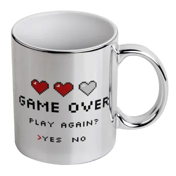 GAME OVER, Play again? YES - NO, Mug ceramic, silver mirror, 330ml