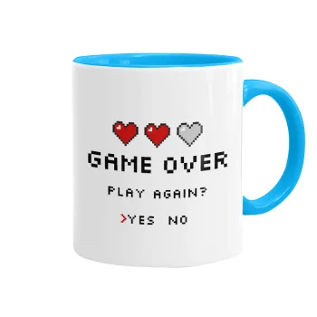 GAME OVER, Play again? YES - NO, Mug colored light blue, ceramic, 330ml