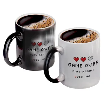 GAME OVER, Play again? YES - NO, Color changing magic Mug, ceramic, 330ml when adding hot liquid inside, the black colour desappears (1 pcs)