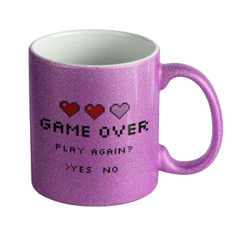 GAME OVER, Play again? YES - NO, Κούπα Μωβ Glitter που γυαλίζει, κεραμική, 330ml