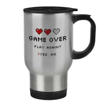 GAME OVER, Play again? YES - NO, Κούπα ταξιδιού ανοξείδωτη με καπάκι, διπλού τοιχώματος (θερμό) 450ml
