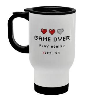 GAME OVER, Play again? YES - NO, Stainless steel travel mug with lid, double wall white 450ml