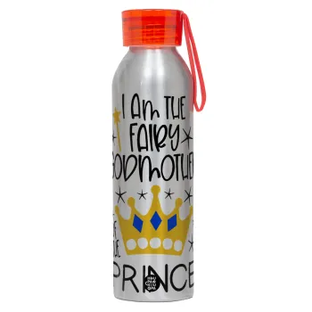 I am the fairy Godmother of the Prince, Αλουμινένιο Αθλητικό Μπουκάλι 650ml – Ασημί με Κόκκινο Καπάκι και Λουράκι Σιλικόνης