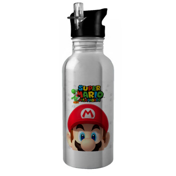 Super mario head, Water bottle Silver with straw, stainless steel 600ml