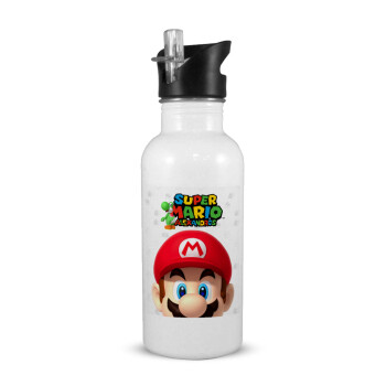 Super mario head, White water bottle with straw, stainless steel 600ml