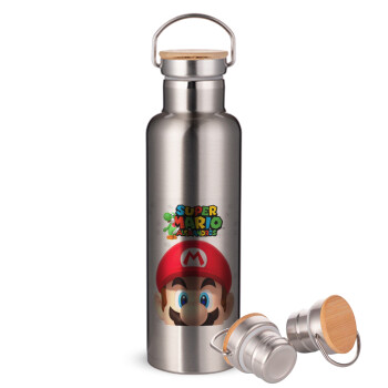 Super mario head, Stainless steel Silver with wooden lid (bamboo), double wall, 750ml