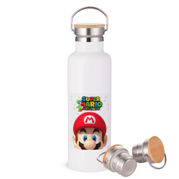 Super mario head, Μεταλλικό παγούρι θερμός (Stainless steel) Λευκό με ξύλινο καπάκι (bamboo), διπλού τοιχώματος, 750ml