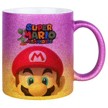 Super mario head, Κούπα Χρυσή/Ροζ Glitter, κεραμική, 330ml