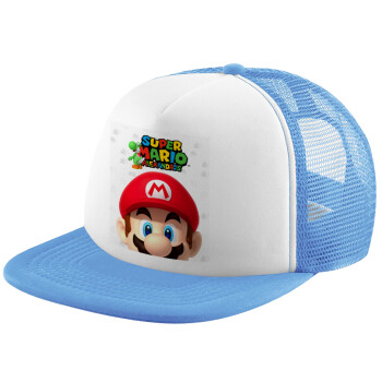 Super mario head, Καπέλο Soft Trucker με Δίχτυ Γαλάζιο/Λευκό