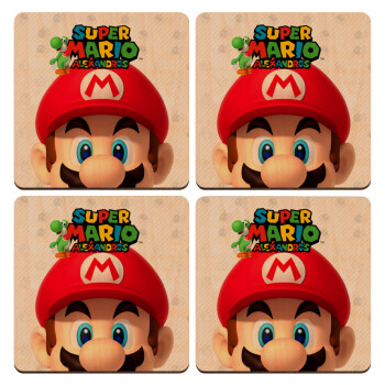 Super mario head, ΣΕΤ x4 Σουβέρ ξύλινα τετράγωνα plywood (9cm)