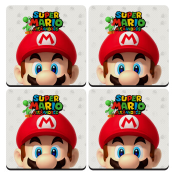 Super mario head, ΣΕΤ 4 Σουβέρ ξύλινα τετράγωνα (9cm)