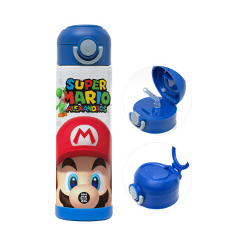 Super mario head, Children's hot water bottle, stainless steel, with safety straw, BLUE (500ml)