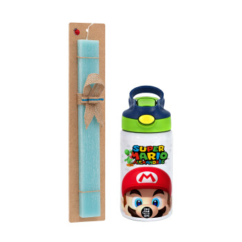 Super mario head, Easter Set, Children's thermal stainless steel bottle with safety straw, green/blue (350ml) & aromatic flat Easter candle (30cm) (TURQUOISE)