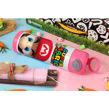 Super mario head, Easter candle, Childrens hot water bottle, stainless steel, with safety straw, PINK (500ml)