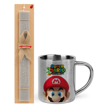 Super mario head, Easter Set, metallic thermal cup (300ml) & Easter aromatic flat candle (30cm) (GRAY)