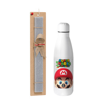 Super mario head, Easter Set, metallic stainless thermos bottle (500ml) & scented flat Easter candle (30cm) (GRAY)