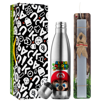 Super mario head, Easter Set, metallic stainless thermos flask (500ml) & scented flat Easter candle (30cm) (GRAY)