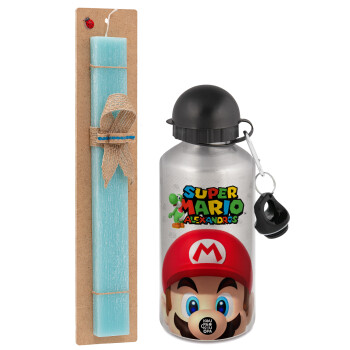 Super mario head, Easter Set, metallic silver aluminum water bottle (500ml) & scented flat Easter candle (30cm) (TURQUOISE)