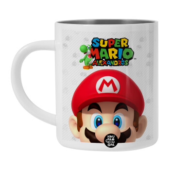 Super mario head, Λευκή Ανοξείδωτη Μεταλλική Κούπα 450ml - Διπλού Τοιχώματος 