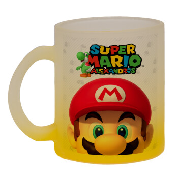 Super mario head, Κούπα γυάλινη δίχρωμη με βάση το κίτρινο ματ, 330ml