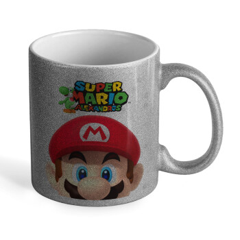 Super mario head, Κούπα Ασημένια Glitter που γυαλίζει, κεραμική, 330ml