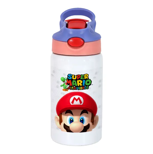 Super mario head — Children's hot water bottle, stainless steel, with safety straw, pink/purple (350ml)