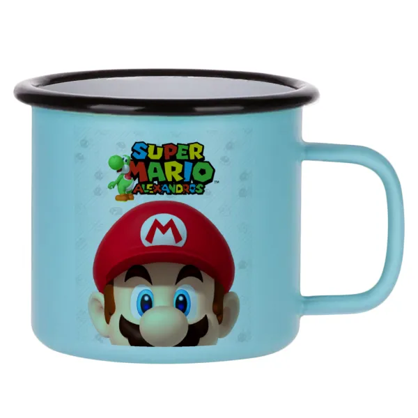 Super mario head — Metal enamel mug, matte light blue, 360ml